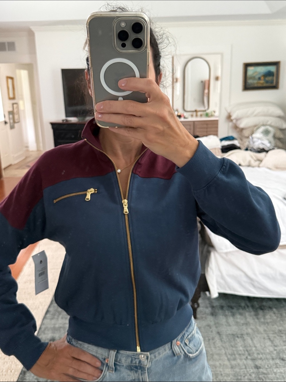 NWT Spiritual Gangster $168 zip up Navy and Burgundy Zip-Up Bomber sweatshirt S